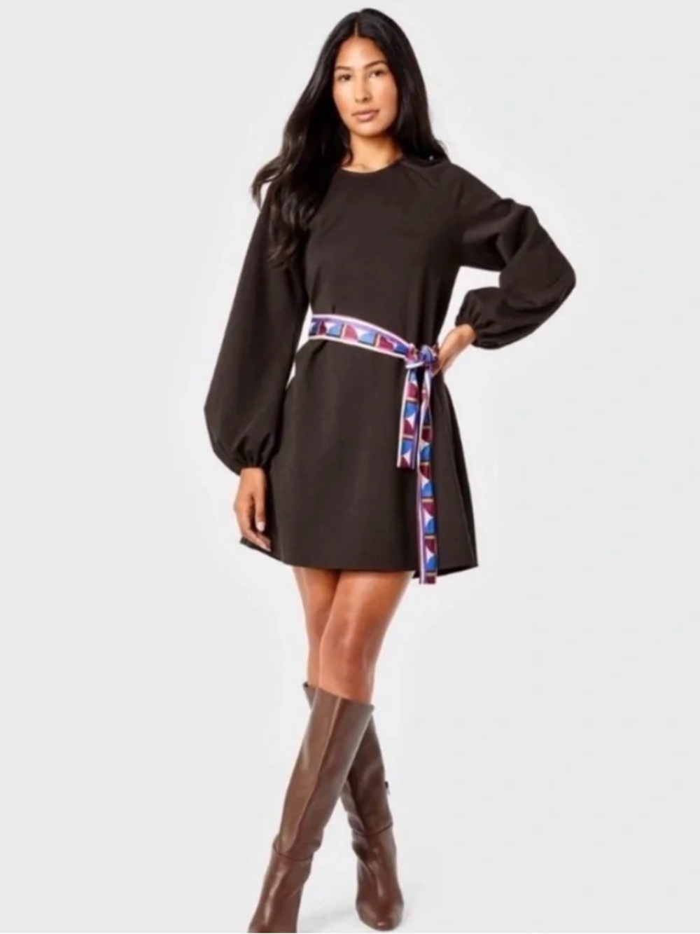 Women’s deep purple Long-Sleeve Mini Dress with Decorative Geometric Bell